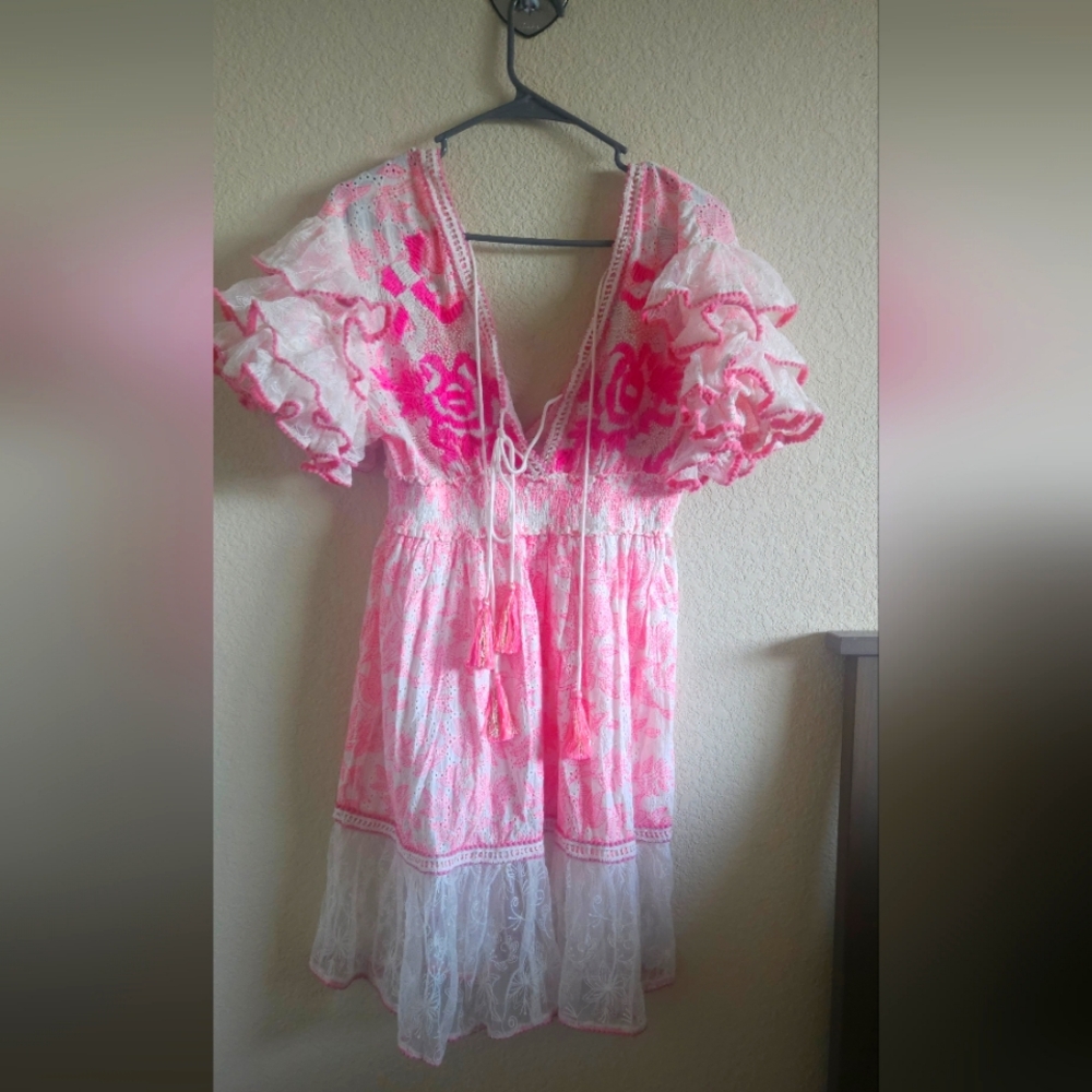 Hand beaded hot pink and white lace dress